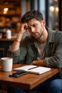 Tired and man sitting in the cafe shop